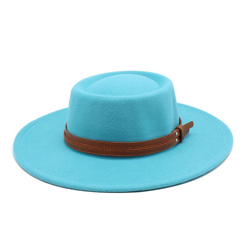French Double Belt Buckle White Woolen Hat Flat Top Top Hat Female British Retro Style Wide Brim Felt Hat