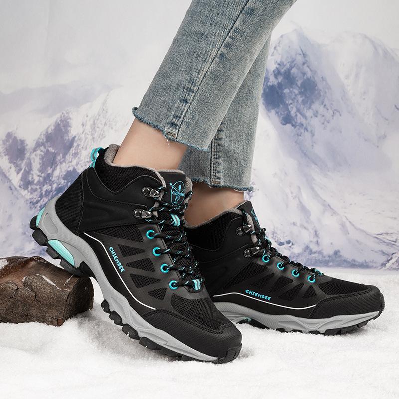 Damen Winterstiefeletten, Schneestiefel aus Samt, lässig, PU, zum Schnüren, warme Baumwollschuhe, groß, hoch, dick, rutschfest, Wanderschuh, Größe 37–42