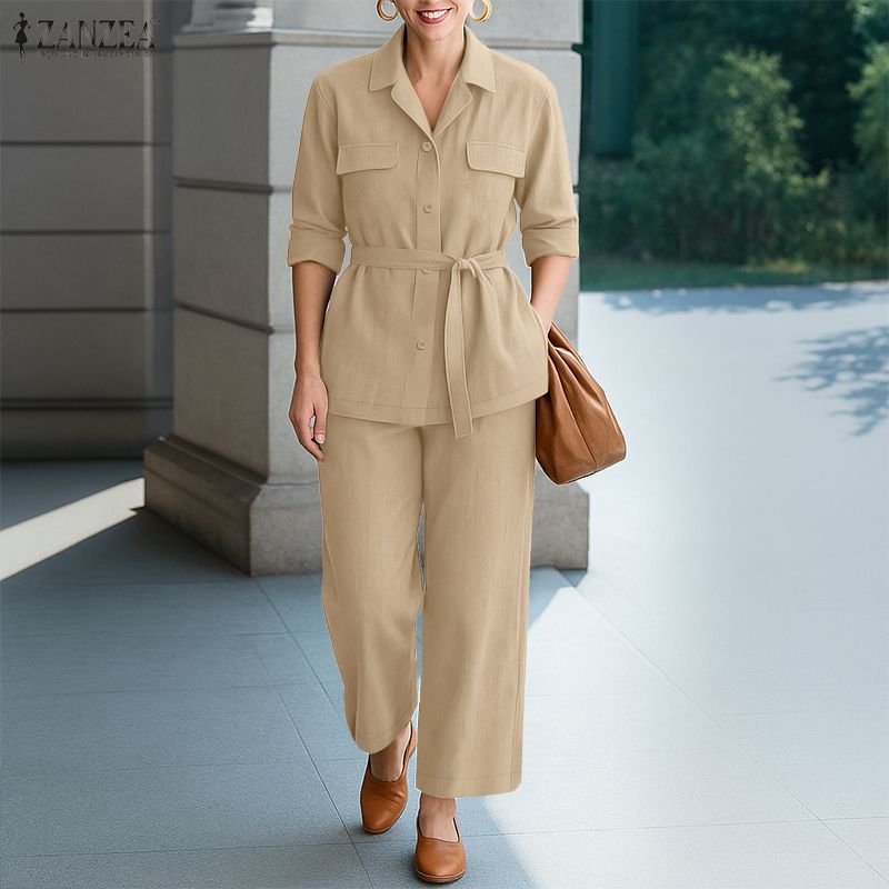 ZANZEA Women Long Sleeve Blouse and Pants Casual Two Piece Suit Sets