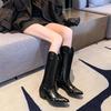Fashion High Boots Autumn New Pointed Toe Spliced Rivet Soft Sole Anti-Slip Wear-Resistant Block Heel Single Boots