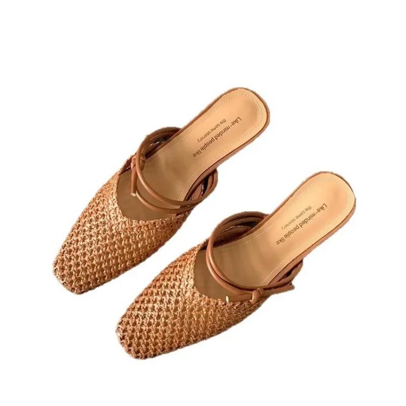 Fashion Vintage Woven 1 Slip-on Toe Half Slippers Women's New Outwear French Fairy Style Thick Heel Holiday Shoes