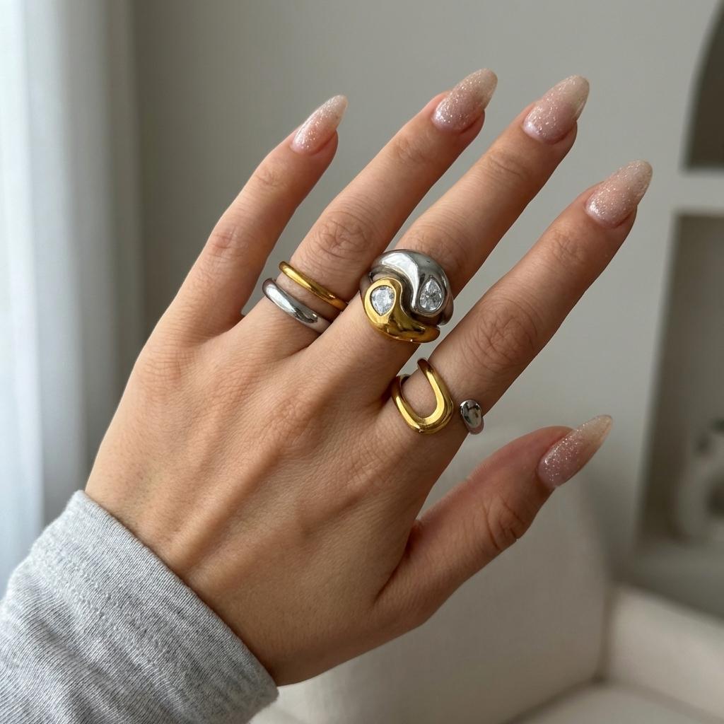 Stainless Steel Gold Plated Two Tone Chunky Rings For Women Double Line Irregular Crystal Zircon Finger Ring Daily Jewelry Gift