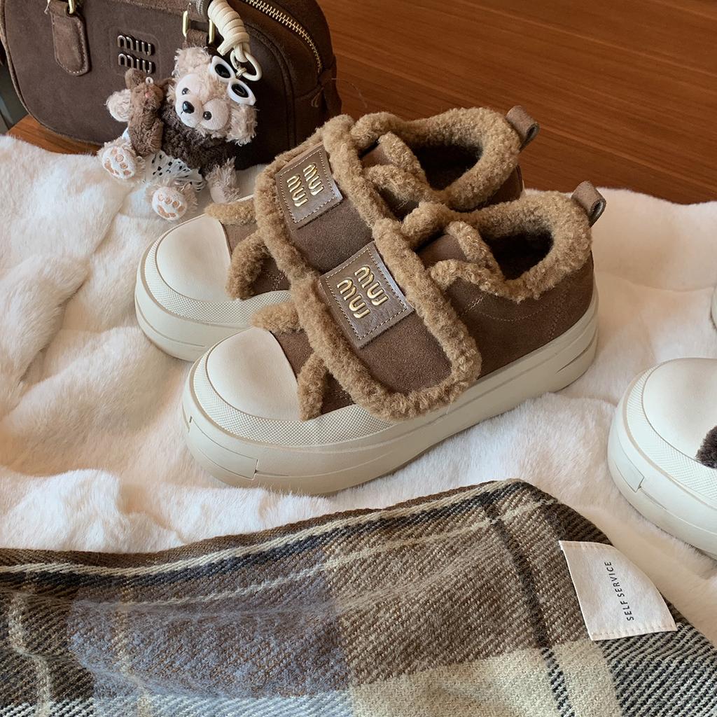 Ah miu~ Schuhe Damen vielseitige Herbst- und Winter-Rindsleder dicksohlige erhöhende lässige Damen-Schuhe Samt Klettverschluss flauschige Schuhe Baumwollschuhe