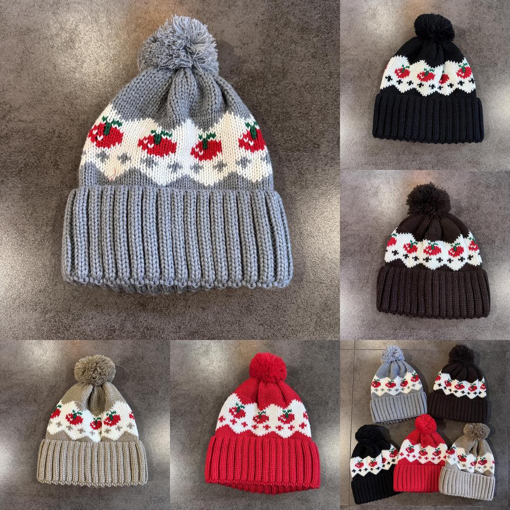 Warm Knitted Simple Hat Cherry Embroidery Design And Plush Decoration Ball
