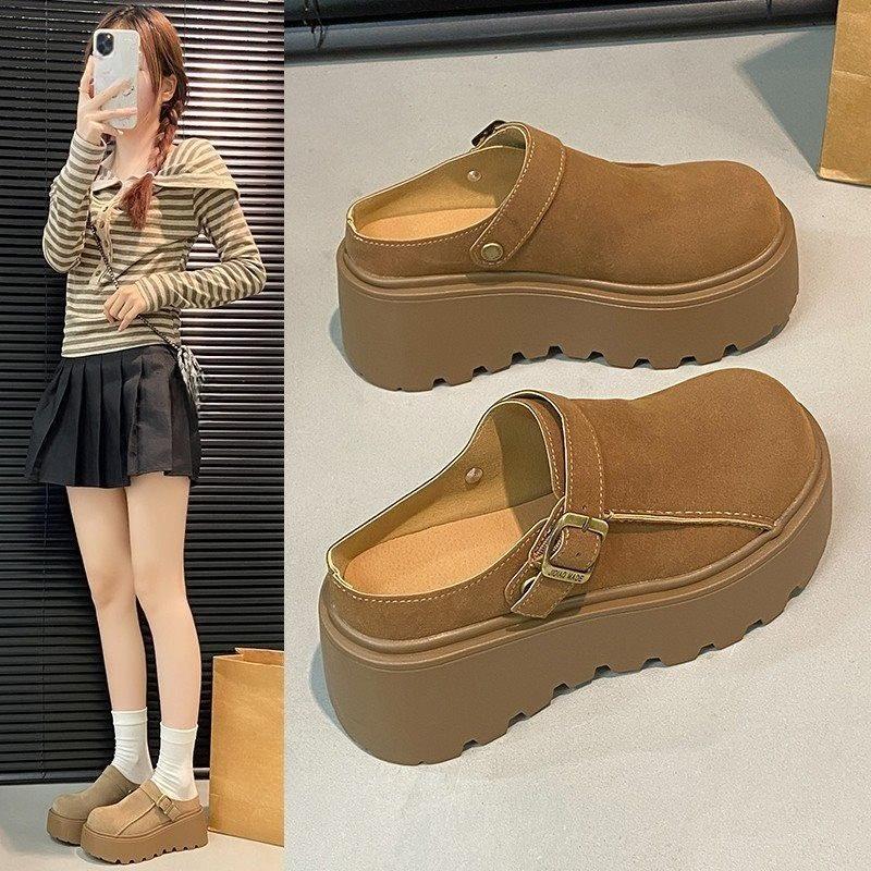 Pancake-style High-heeled Women's Shoes - New Style Thick-soled Front-covered Half-toe Slippers