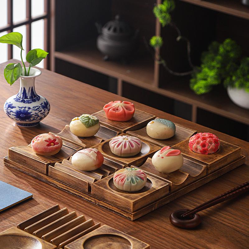 Japanese Wooden Snack Tray 9-Compartment Dessert Platter Specialty Plates for Mooncakes and Pastries Restaurant Tableware Set