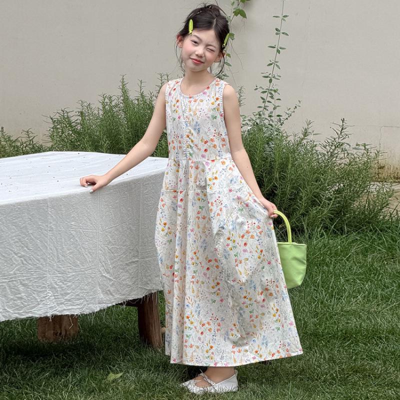 New 2026 Girls Sleeveless Floral Tank Dress – Summer Edition for Older Children 160cm