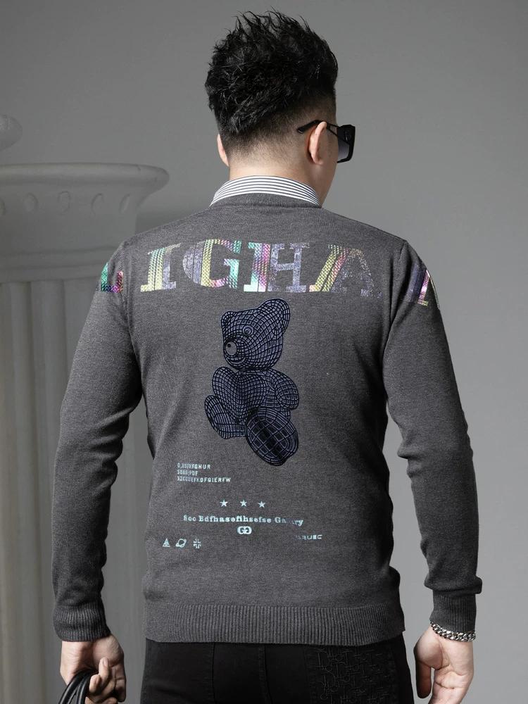 European Style Fake Two-Piece V-Neck Men's Long-Sleeve Sweater 2025 Autumn and Winter New Bear Print Pullover Knitwear