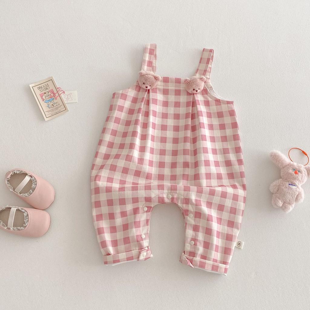 Baby Bear Suspender Romper Plaid Jumpsuit Spring Autumn Infant Outfit for 0-2 Years Newborn Clothing