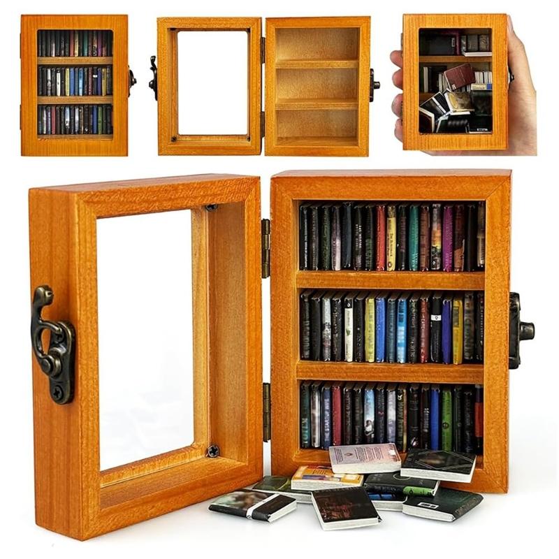 Miniature Bookcase with 60 Books Wood Desktop Bookshelf Decoration For Office Workers Stress Teacher Writer Relief