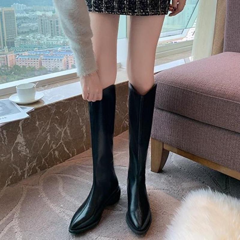 Fashion Middle Heel Knee High Shaft Shoes Woman Leather Brown Pointed Toe Long Boots for Women Comfortable and Elegant New in Footwear