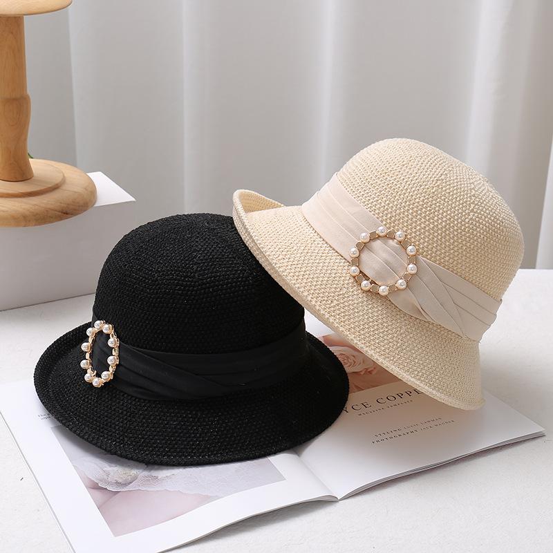New Pearl Women's Sun Hat Breathable Refreshing Hat Summer Travel Sunscreen Sun Ribbon Decoration Foldable Straw Hat Gift