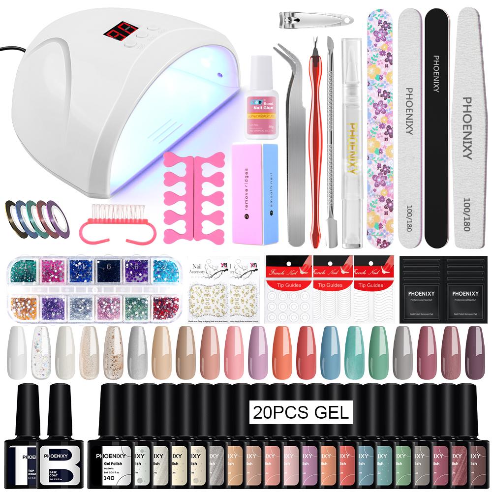 PHOENIXY 20 Colors & Base Top Coat Set Gel Nail Polish Kit with 36W LED Light Gel Varnish UV LED Nail Lamp Manicure Tools Popular Nail Art Designs