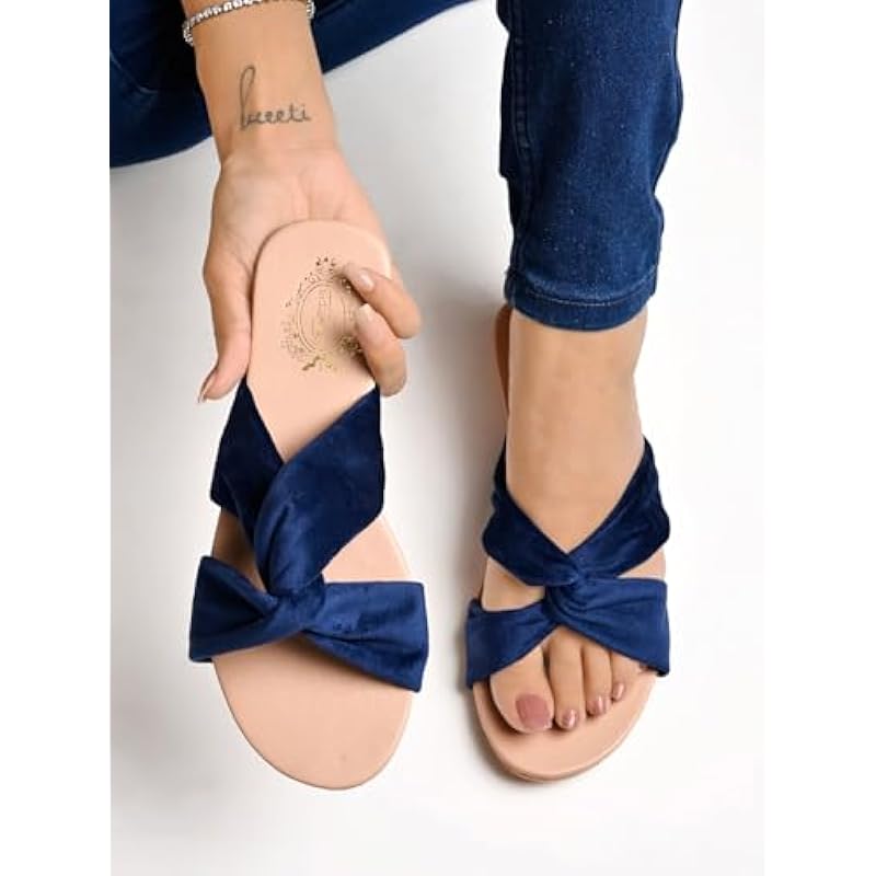

Shoetopia Girls Blue Flat Slide Sandals Soft Suede Knot Strap Casual Summer Slip-Ons For Everyday Comfort Stylish, |Foo 8 синий