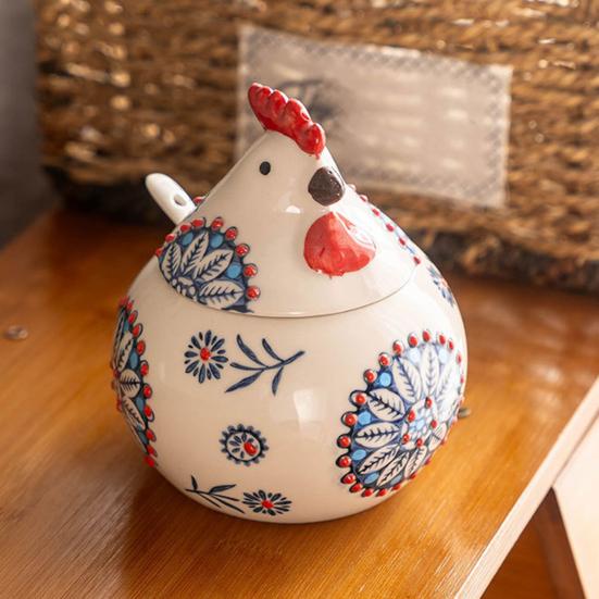 Ceramic Spice Jar 400ml Rooster Shape Cookie Jar with Lid Hand-Painted Floral Pattern Kitchen Container for Salt Sugar Pepper And Snacks Storage