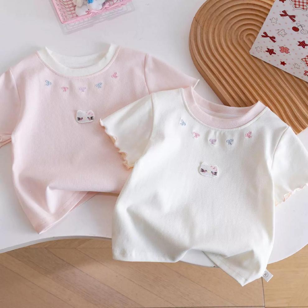 Girls Summer Thin T Shirt Korean Bow Short Sleeve Top Baby Versatile Half Sleeve Tee