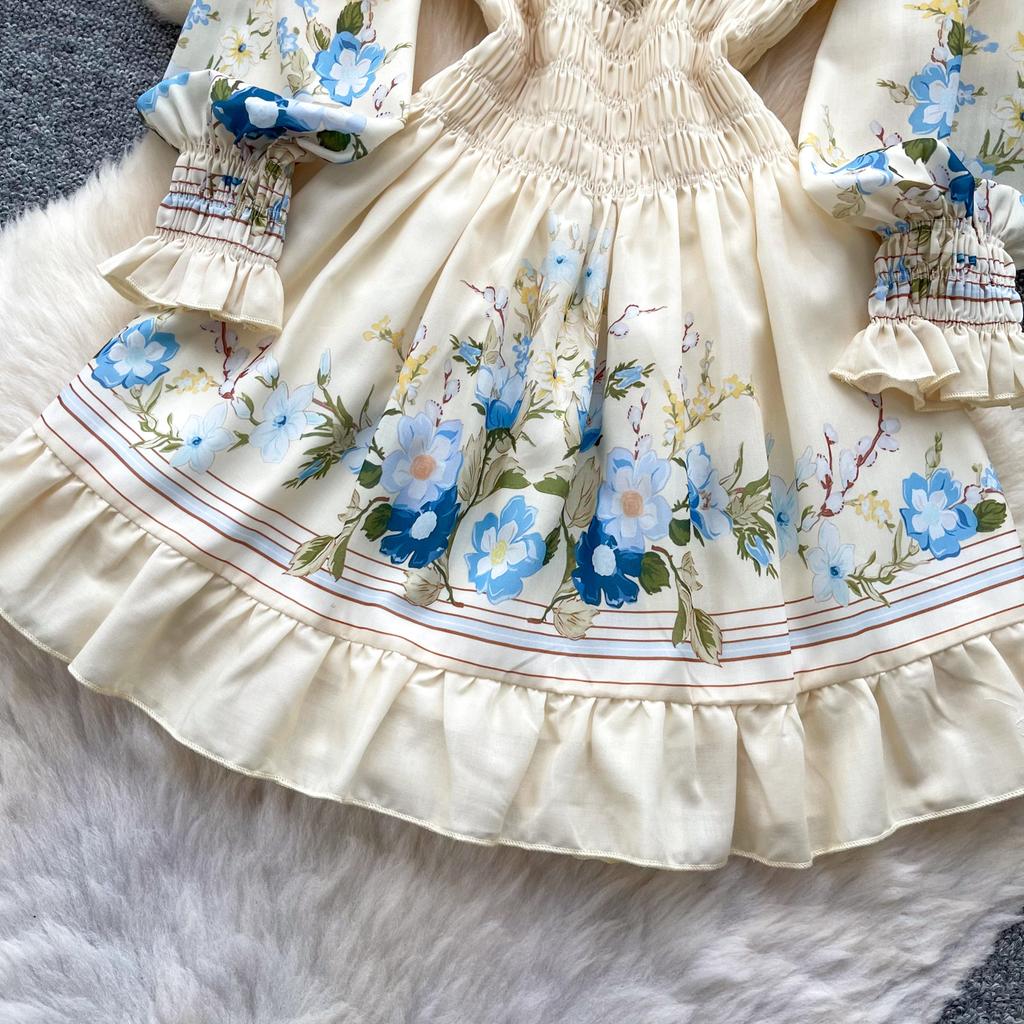 Boho Floral Off Shoulder Floral Print Mini Dress Women Long Sleeve Ruffle Hem Smocked Waist Vintage Summer Beach Dress