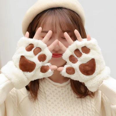 Cute Cat Claw Gloves Women's Autumn and Winter Warm and Cold-proof Plush Half-finger Gloves Thickened Velvet Write Leaking Fingers