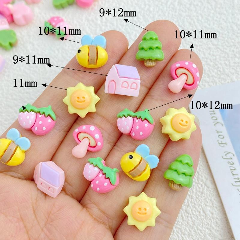 30Pcs New Cute Resin Mini Bee Tree Strawberry Sun Flatback Ornament Jewelry Making Manicure Hairwear Accessories