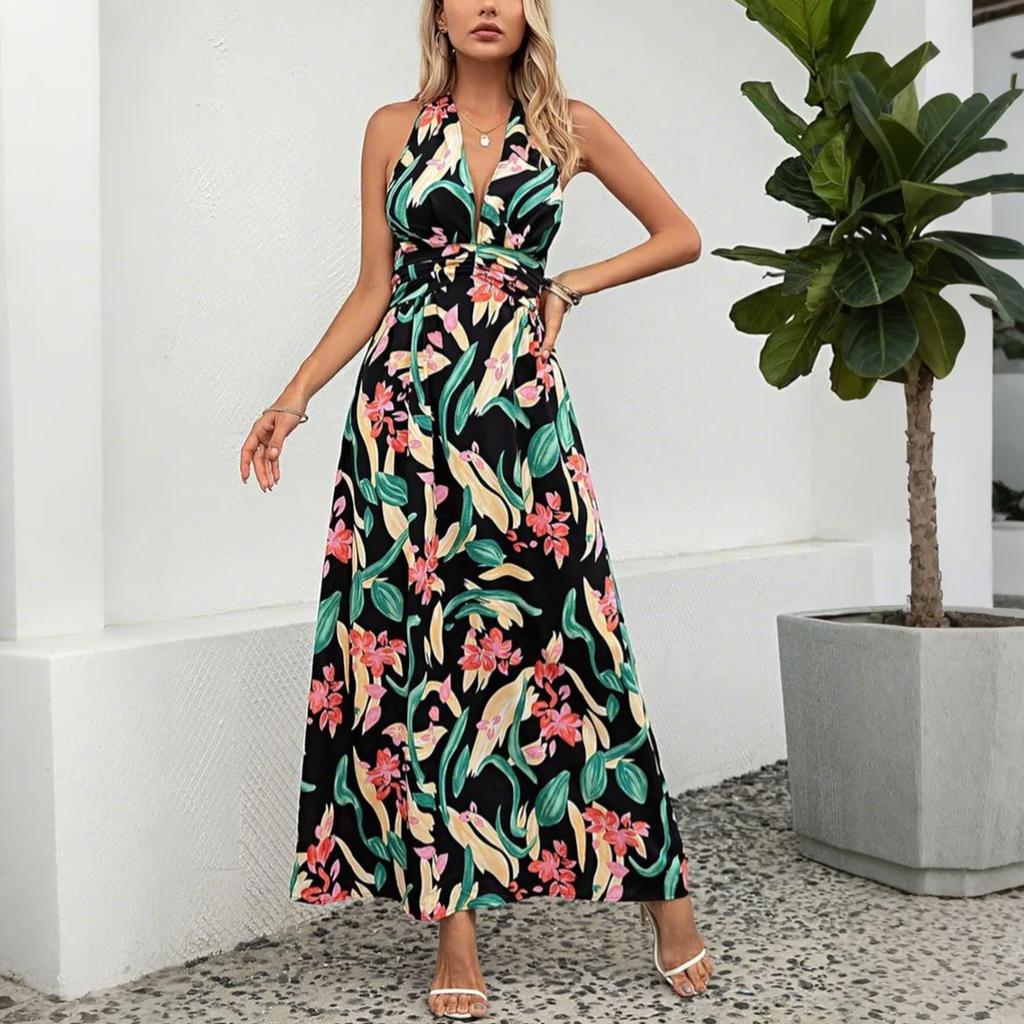 Dame Temperament Neck Print Bohemian Dress Holiday Beach Maxi Dress