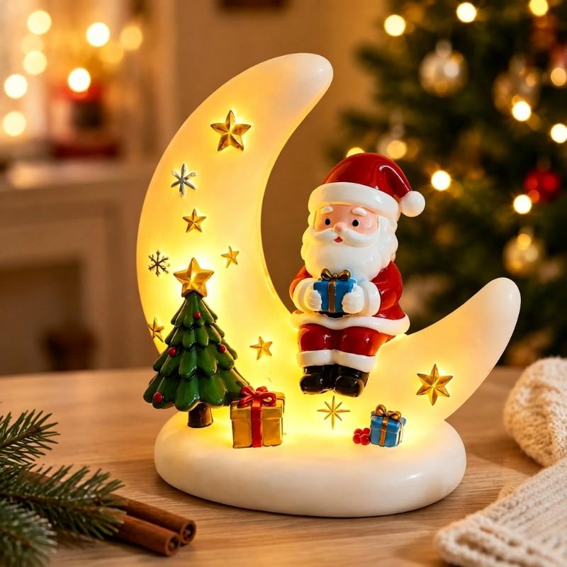 Curved Moon Santa Christmas Decoration with Warm LED Light, Seasonal Tree and Gift Figures, Plus USB Power for Indoor Desk, Shelf and Window Displays