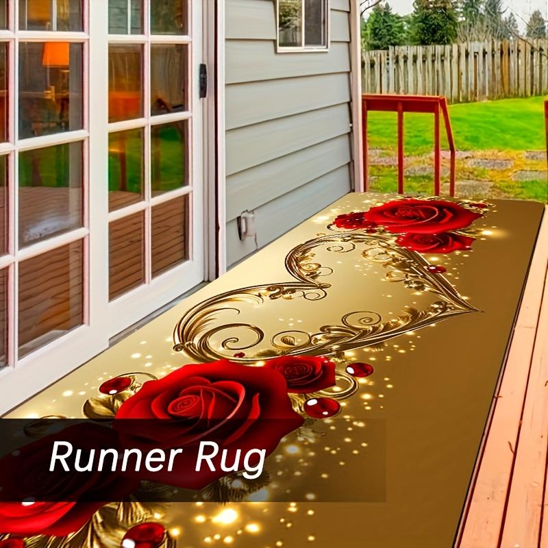 1Pcs Anti Fatigue Kitchen Rugs Golden Heart Shaped Rose Print Waterproof Non Slip Thick Cushioned Mat