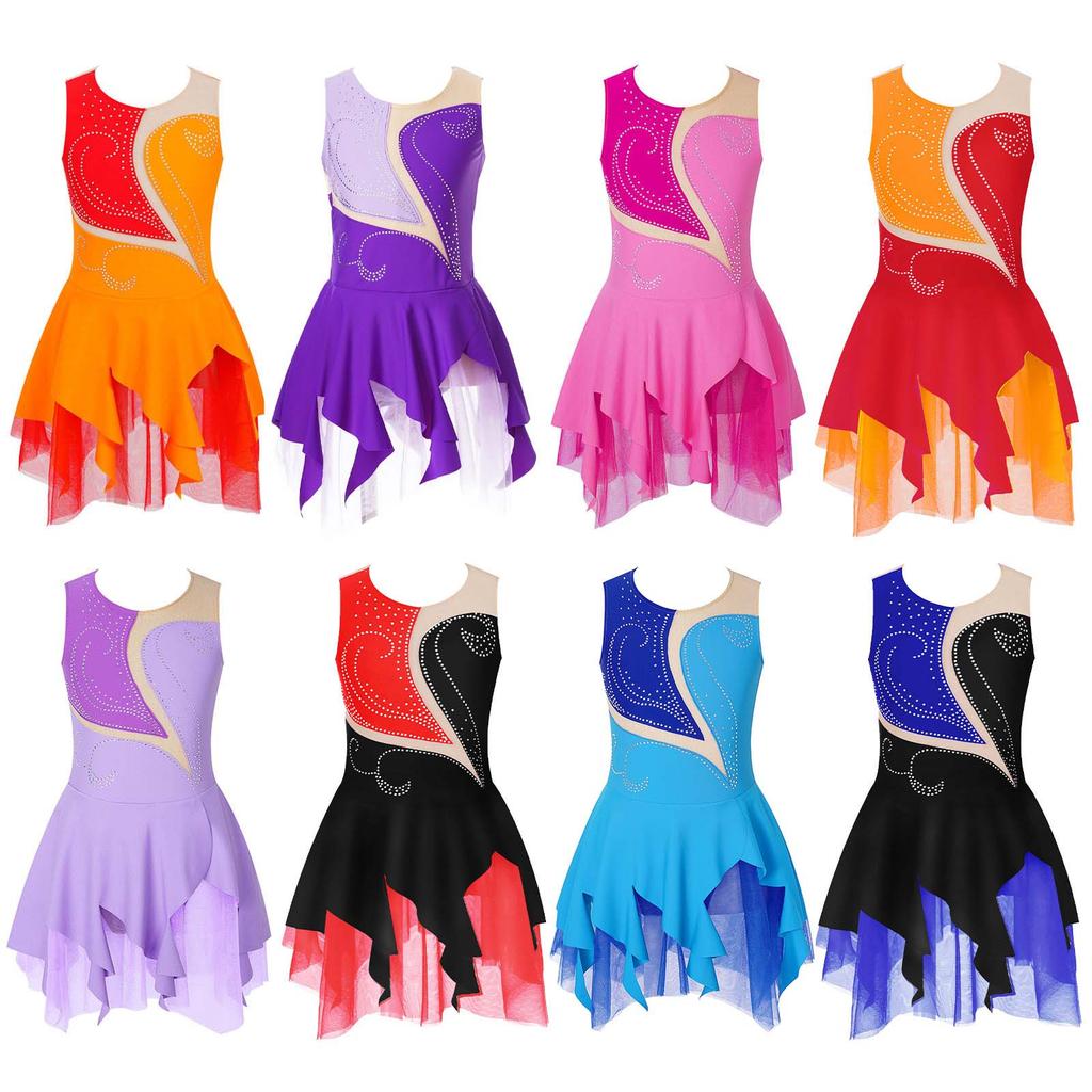 Kids Girls Rhinestone Skating Dress Sleeveless Round Neck Hollow Back Patchwork Style Figure Dance Costume