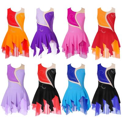 Meisjes Strass Schaatsjurk Mouwloos Ronde Hals Holle Rug Patchwork Stijl Figuurdans Kostuum