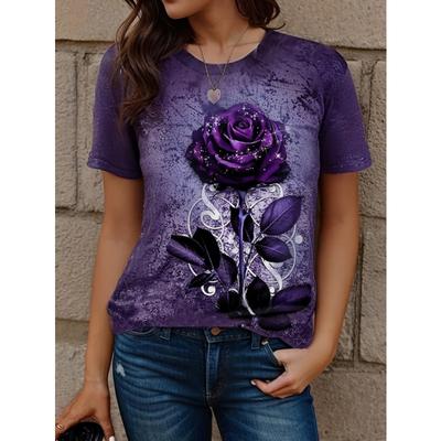 Women's Summer Round Neck Short-sleeved T-shirt Retro Floral Pattern Top Loose Casual Ladies T-shirt Outdoor Clothes Pullover
