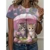Womens Slim Fit Short Sleeve T-Shirt With 3D Cartoon Animal Print Digital Printing Casual Top