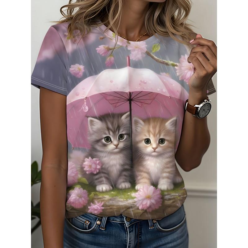 Womens Slim Fit Short Sleeve T-Shirt With 3D Cartoon Animal Print Digital Printing Casual Top