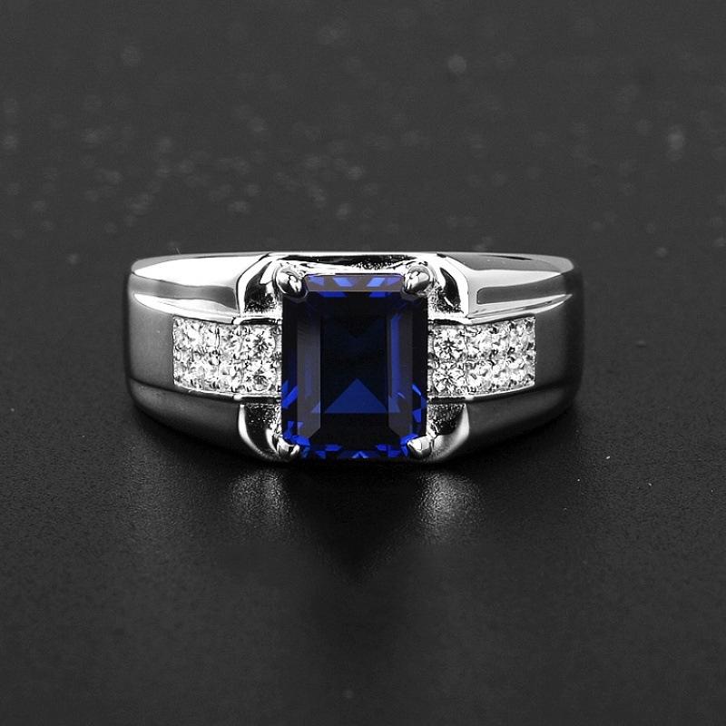 Luxury Sapphire Zircon Crystal Men's Fashion Jewelry Silver Ring