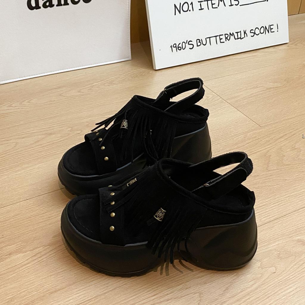 Bohemia Metal Rivet Decoration Fringe Suede Sandals Women 2025 Summer Chunky Platform Wedge Heel Sandals Casual Back Strap Shoes