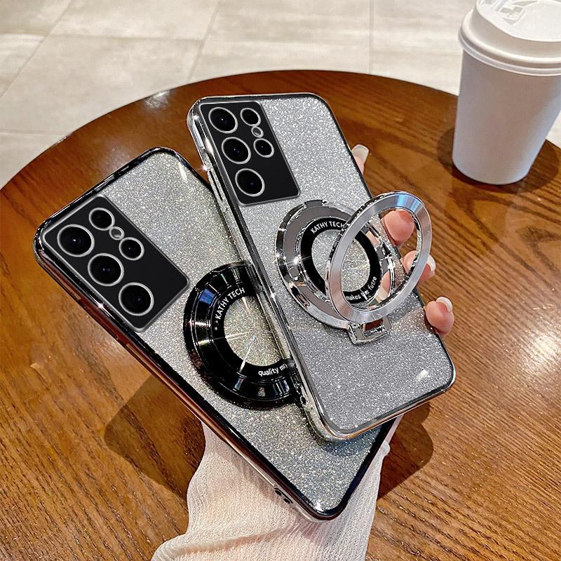 Suitable for Samsung S25ULTRA Electroplated Mobile Phone Case Magnetic Suction Bracket A17 Gradient Flash Powder A54 Anti Fall 24 Protective Cover