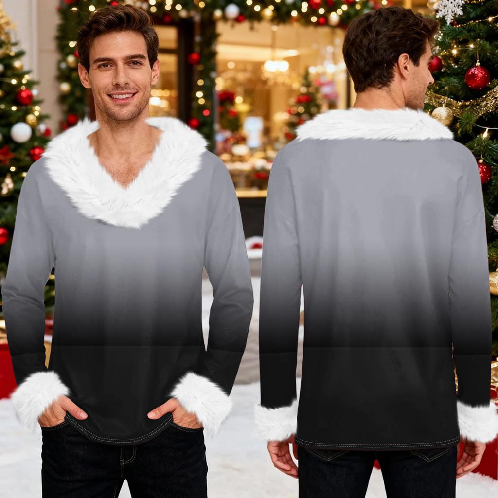 Men's Christmas Printed Fleece Lined Hoodie | Faux Trim Party Sweatshirt With Pocket | Plus Size Loose Fit Holiday Pullover