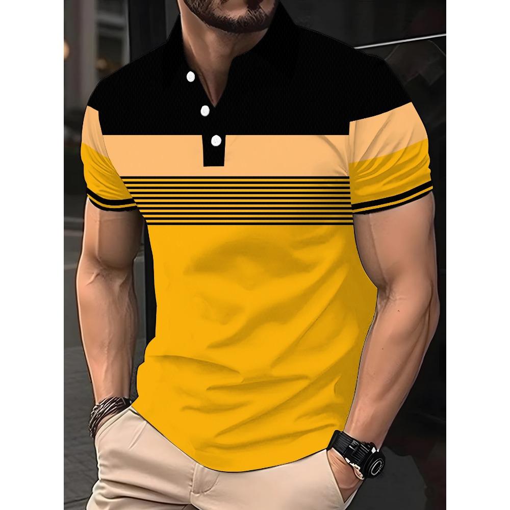 Men's Fashion Color Blocked Shirt, High Neck Golf Shirt, Short Sleeved Printed Button Up Clothing