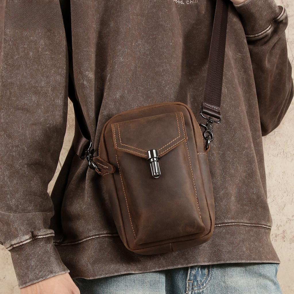 Men's Crossbody Bag, Commuter Genuine Leather, Men's Bag, Outdoor Mobile Phone Bag, Sports Waist Bag