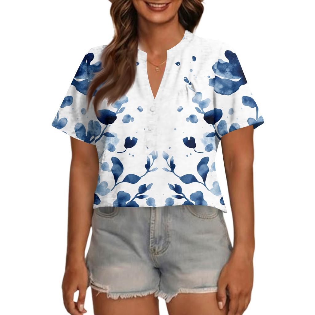 Women's Fashionable Casual V Neck Button Up Oversized Short Sleeve Printed Top