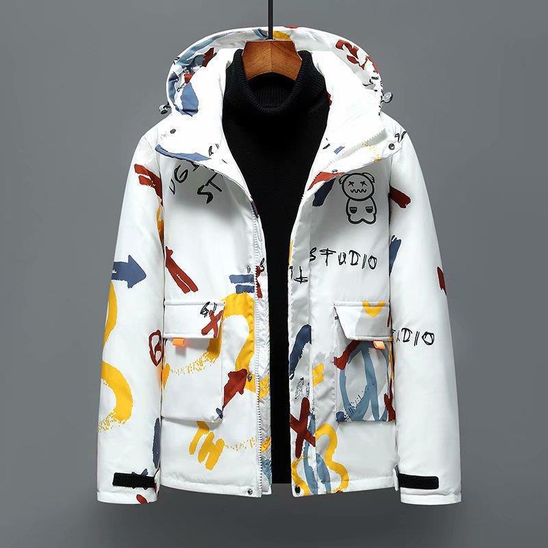 

Мужская зимняя пуховая куртка 2023 - Молодежная толстая куртка с мультяшным граффити в виде медведя XXL белый