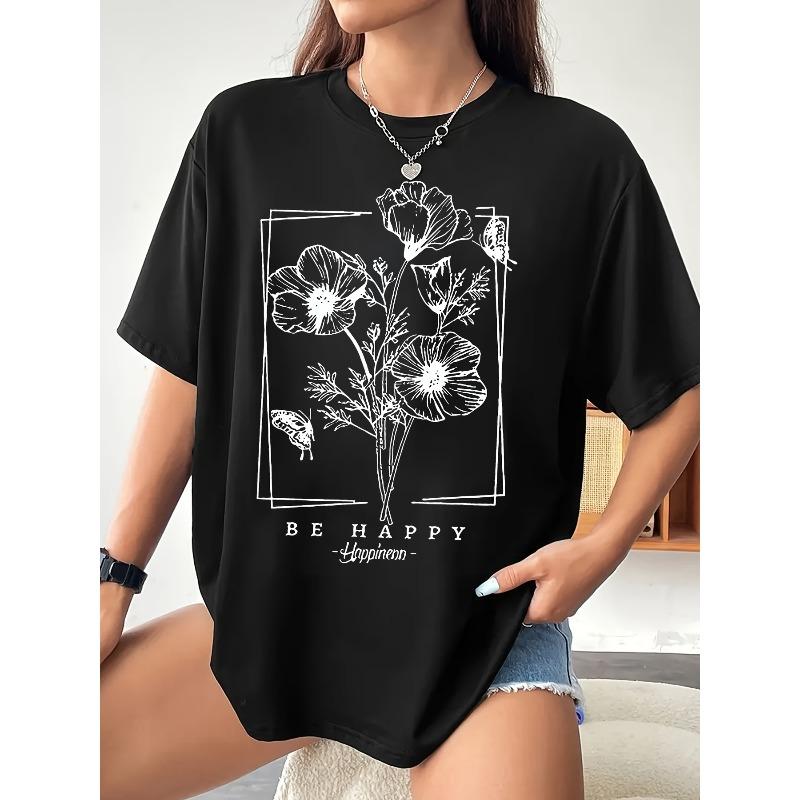 

Women s BE HAPPY Floral Butterfly Print Tee Oversized Round Neck Short Sleeve Spring Summer Machine Washable Casual Top 4XL чорний