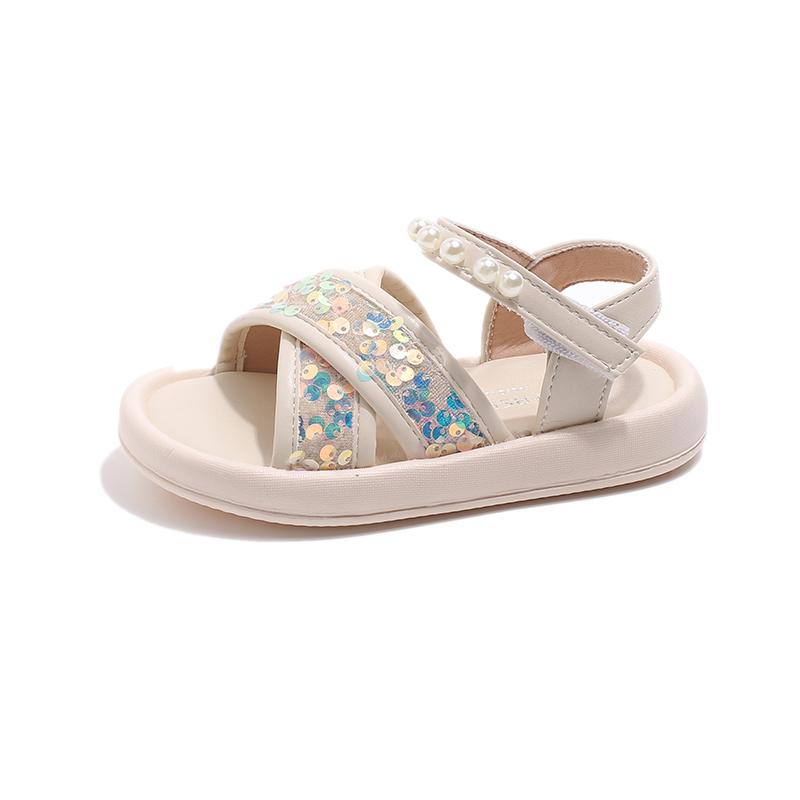 Girls Pearls Princess Sandals Soft Sole Children Summer Beach Shoes Simple Style Kids Casual Cross Sandals Sequin Crystal 26