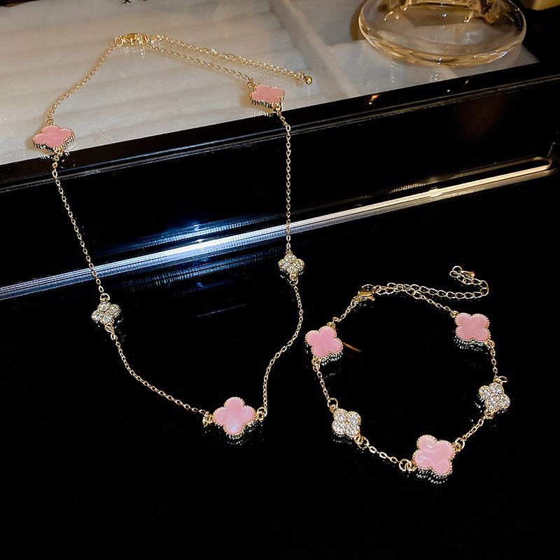 2-Piece Xiaoxiangfeng Acetate Plate Diamond Lucky Grass Bracelet Necklace Sweet Internet Celebrity Temperament Necklace