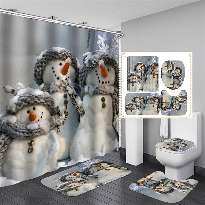 Cute Snowman Christmas Shower Curtain Set Silver Pine Branches Snowflake Xmas Balls Bathroom Decor Rug Bath Mat Toilet Lid Cover