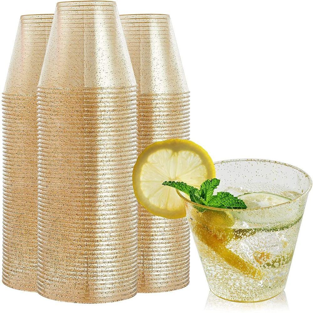 

20pcs Thickening 9oz Glitter Plastic Cups Elegant Clear Plastic Tumblers Home Party