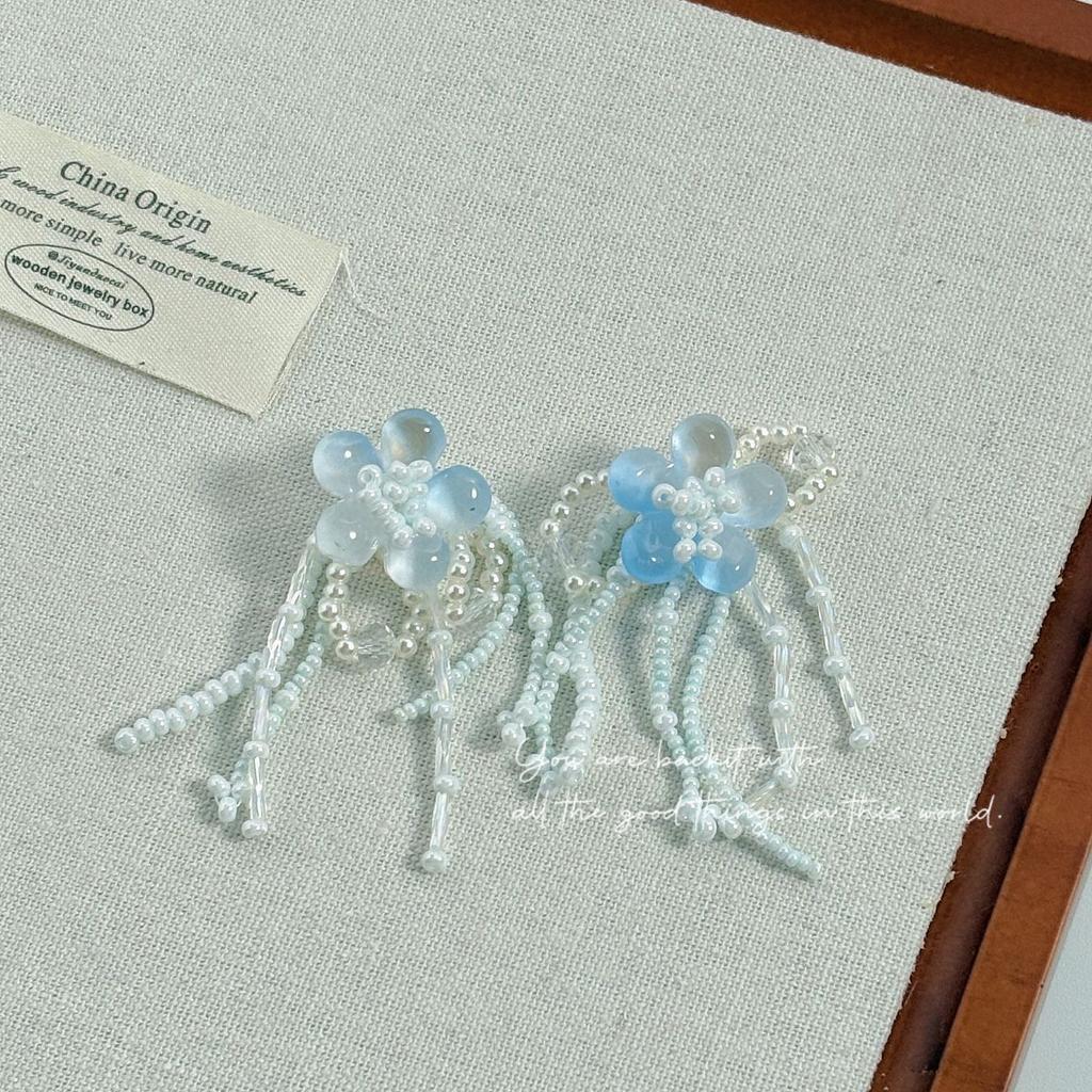 Color beaded flower long fringed stud earrings holiday wind silver needle earrings Mori girl sweet and fresh earrings women