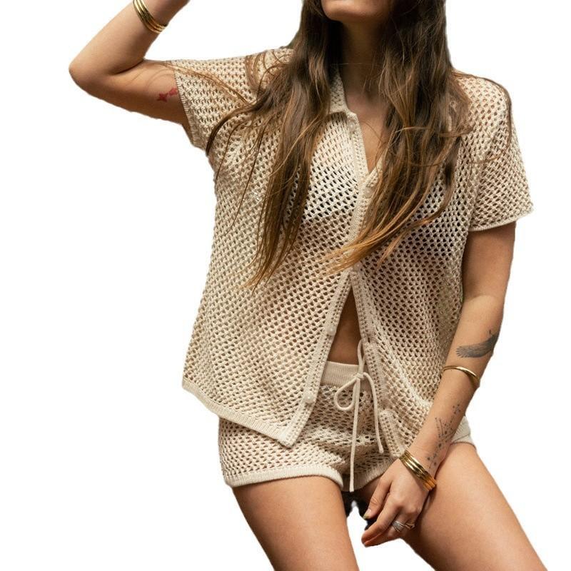 

Женский свободный модный повседневный костюм-двойка: рубашка и шорты для спорта XL хаки