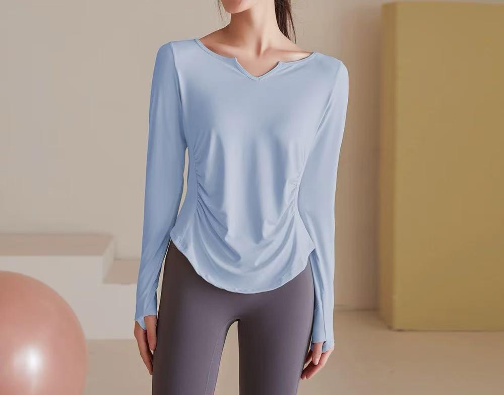Women s Long-Sleeve V-Neck Yoga Top: Loose, Breathable, Quick-Dry Fitness Wear for Pilates, Running, and More.