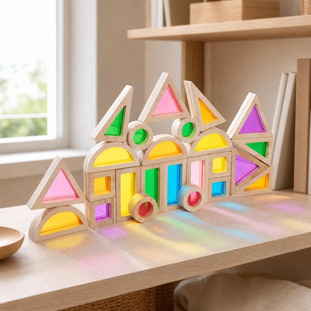 24 Pieces Translucent Rubberwood Construction Blocks with Acrylic Panels Solid