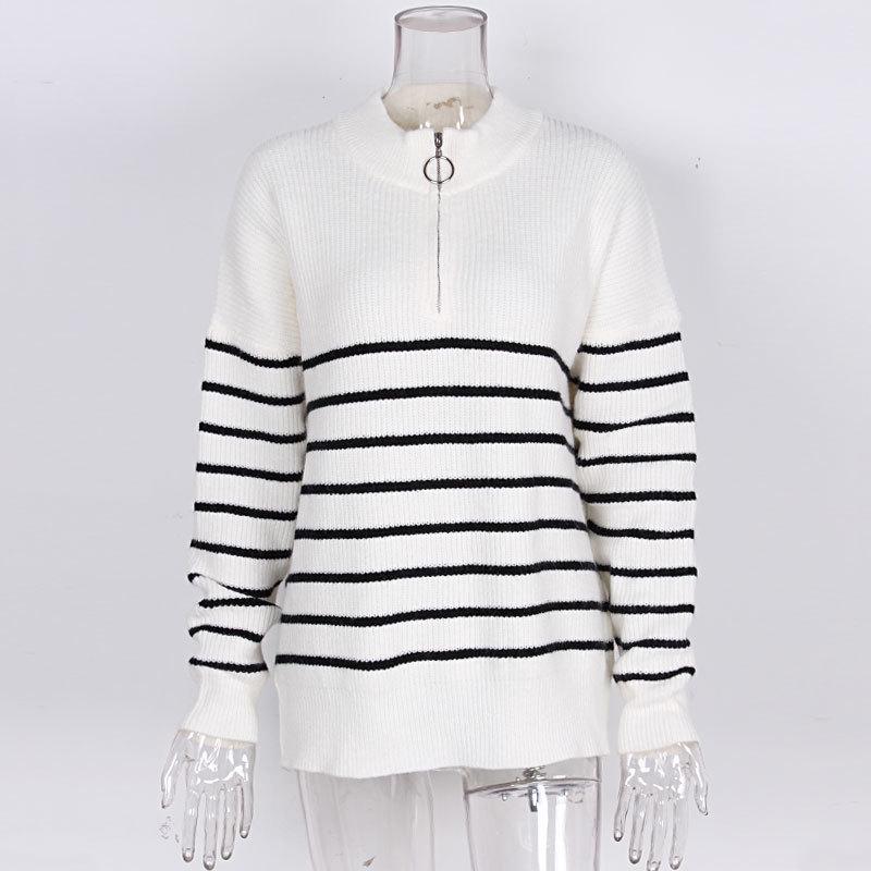Women's High Neck Sweater: Autumn/Winter Striped Color Block Long Sleeve Zipper Pullover Knitwear