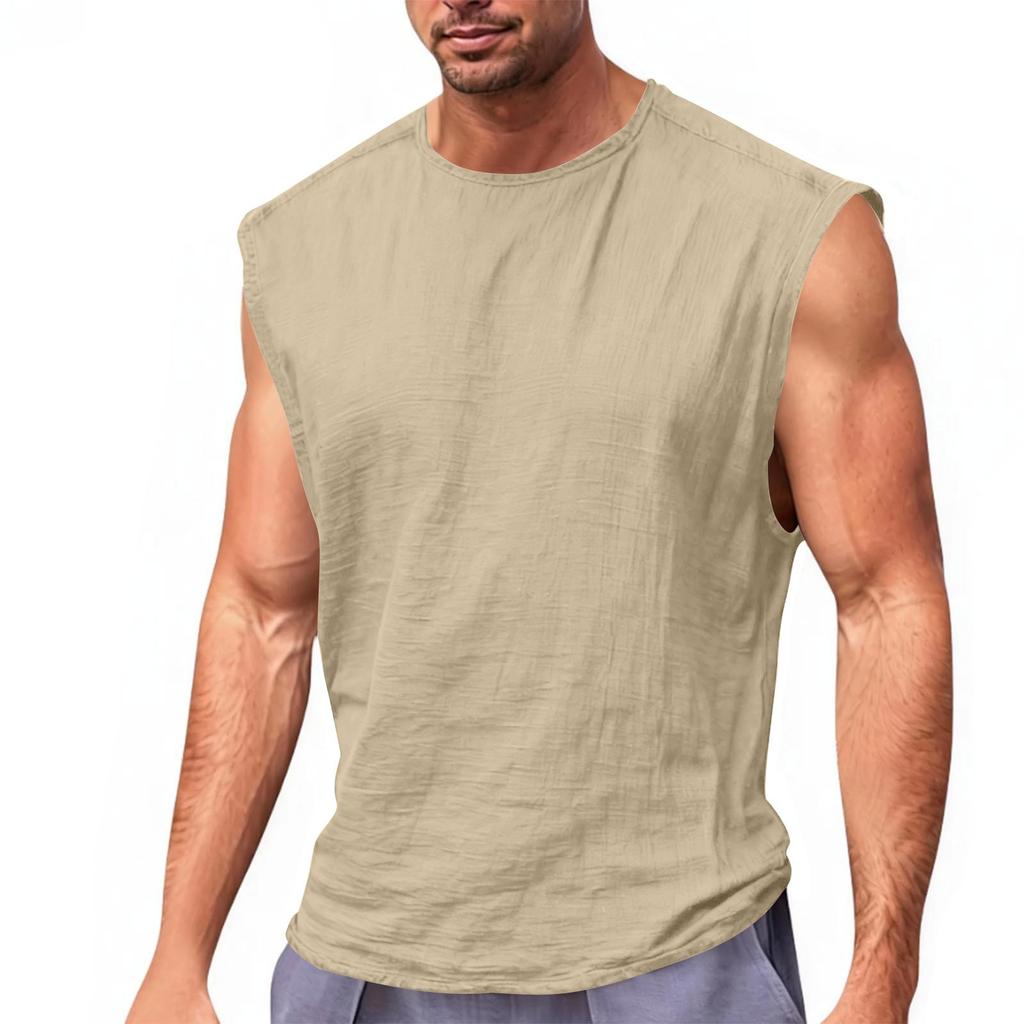 Men's Sleeveless Summer Fitness Running Outdoor Casual Sports Top Cotton-Linen Vest